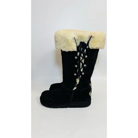 UGG Australia 5163 Upside Tall Suede Lace-Up Black Suede Shearling Boots US 6 - Picture 2 of 13